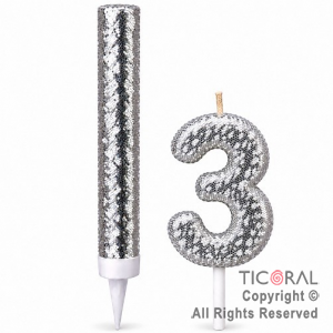 SET BENGALA Y VELA NUMERAL NUMERO 3 CON GIBRE PLATA